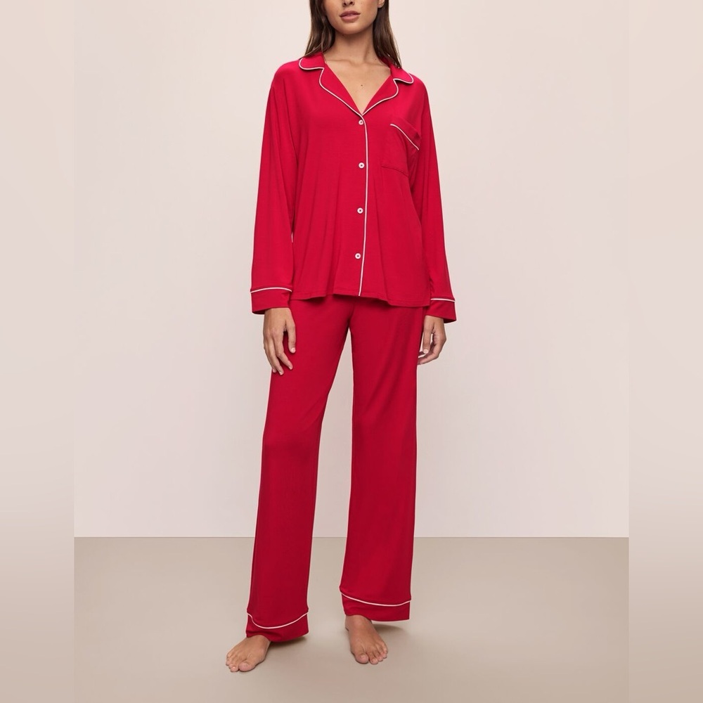 Eberjey Red Long-Sleeve Classic Pajama Set with White Piping